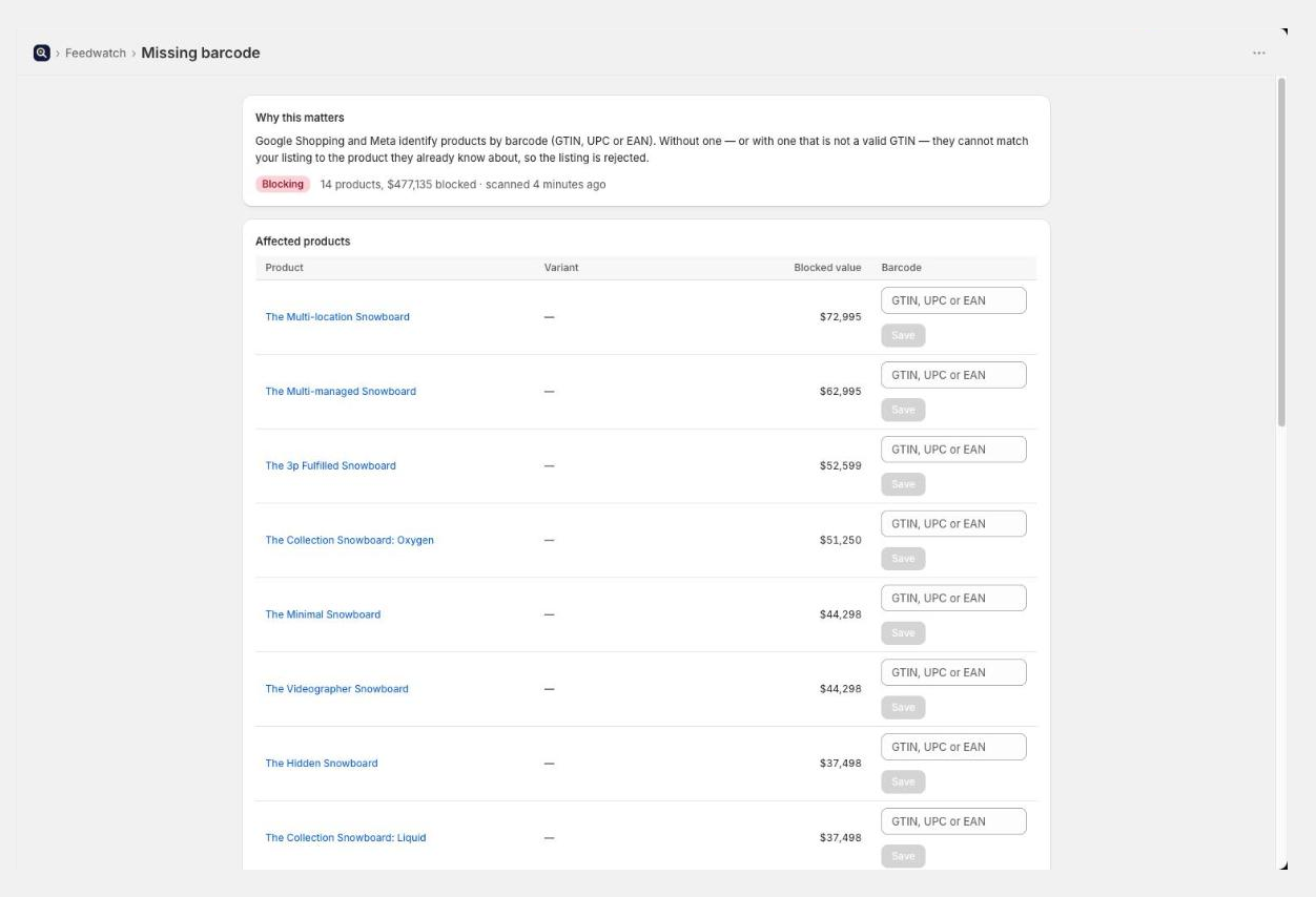 The missing barcode screen, listing affected products by blocked value with a barcode field on each row