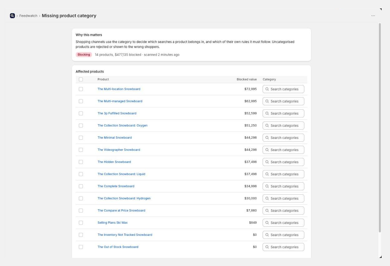 The missing product category screen, with several products selected and a category being applied to all of them