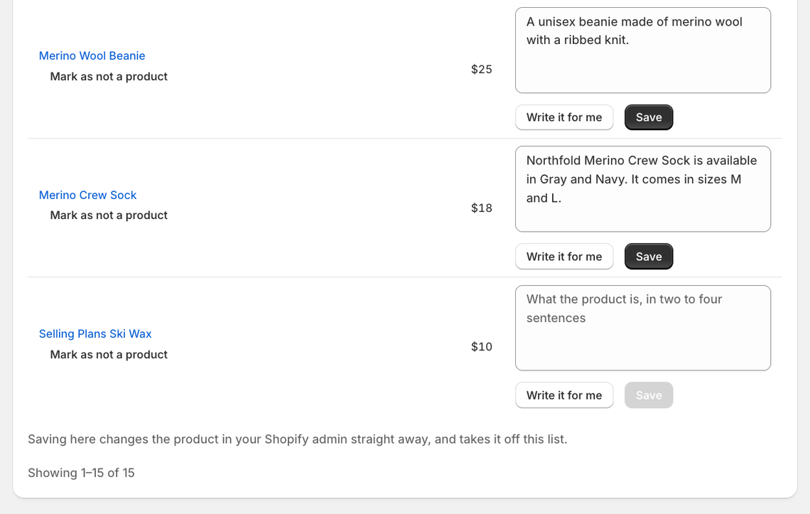 A drafted description in a product's description field, not yet saved