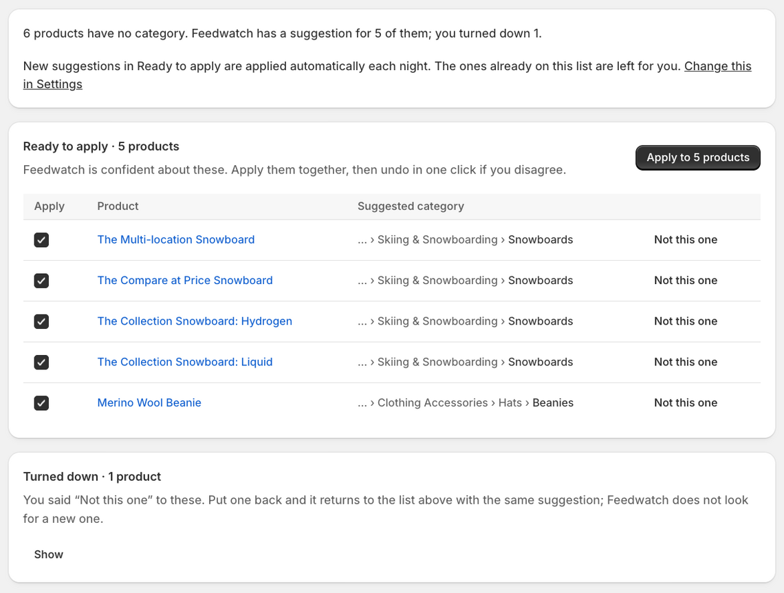 Suggested categories: five products ready to apply, each with its suggested category